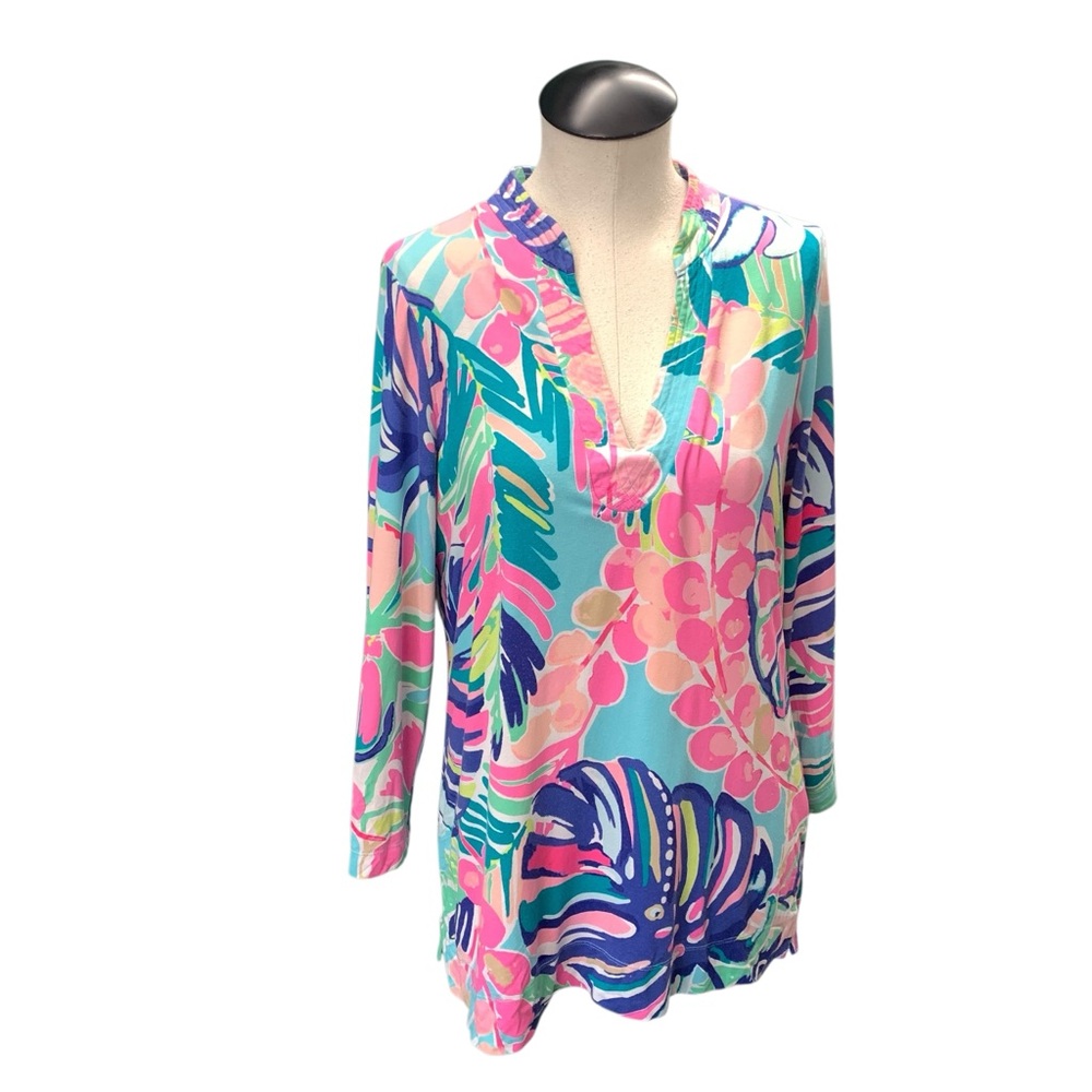LILLY PULITZER Tropical Print V-Neck Tunic Top Colorful Resort Wear‎ - Size M